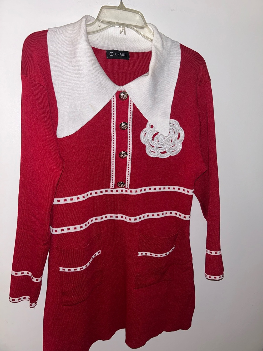 Inspired CHANEL Red Knit Dress with White Collar